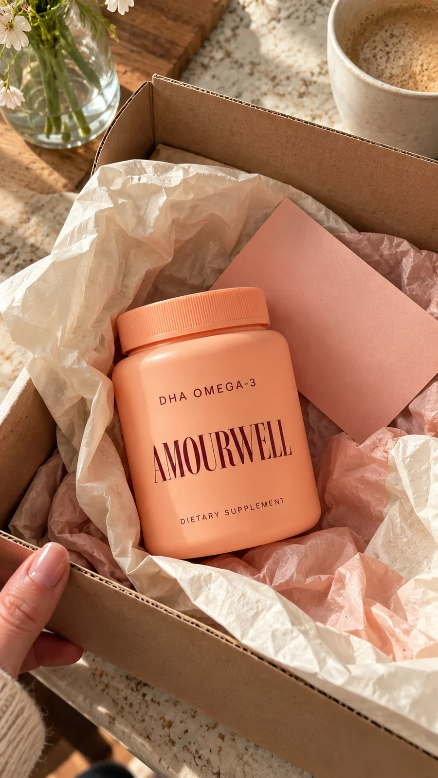 Peach DHA bottle nestled in an open delivery box