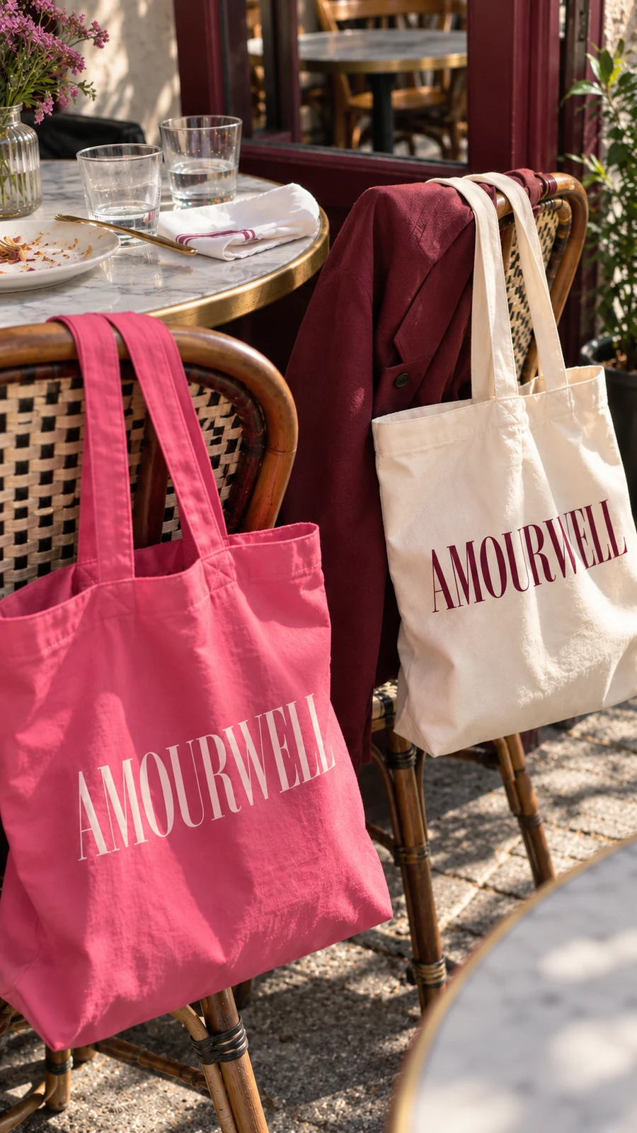 Pink and ivory Amourwell totes on café chairs
